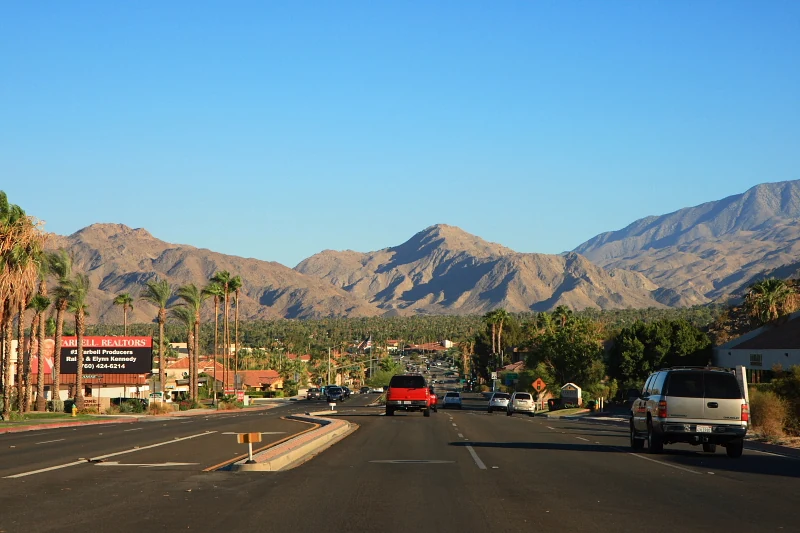 Cathedral City and desert mountains viewed from Palm Canyon Drive